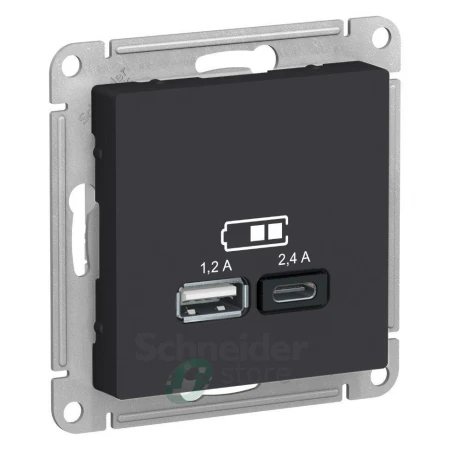 ATN001039 - ATLASDESIGN USB РОЗЕТКА A+С, 5В/2,4А, 2х5В/1,2 А, механизм, КАРБОН